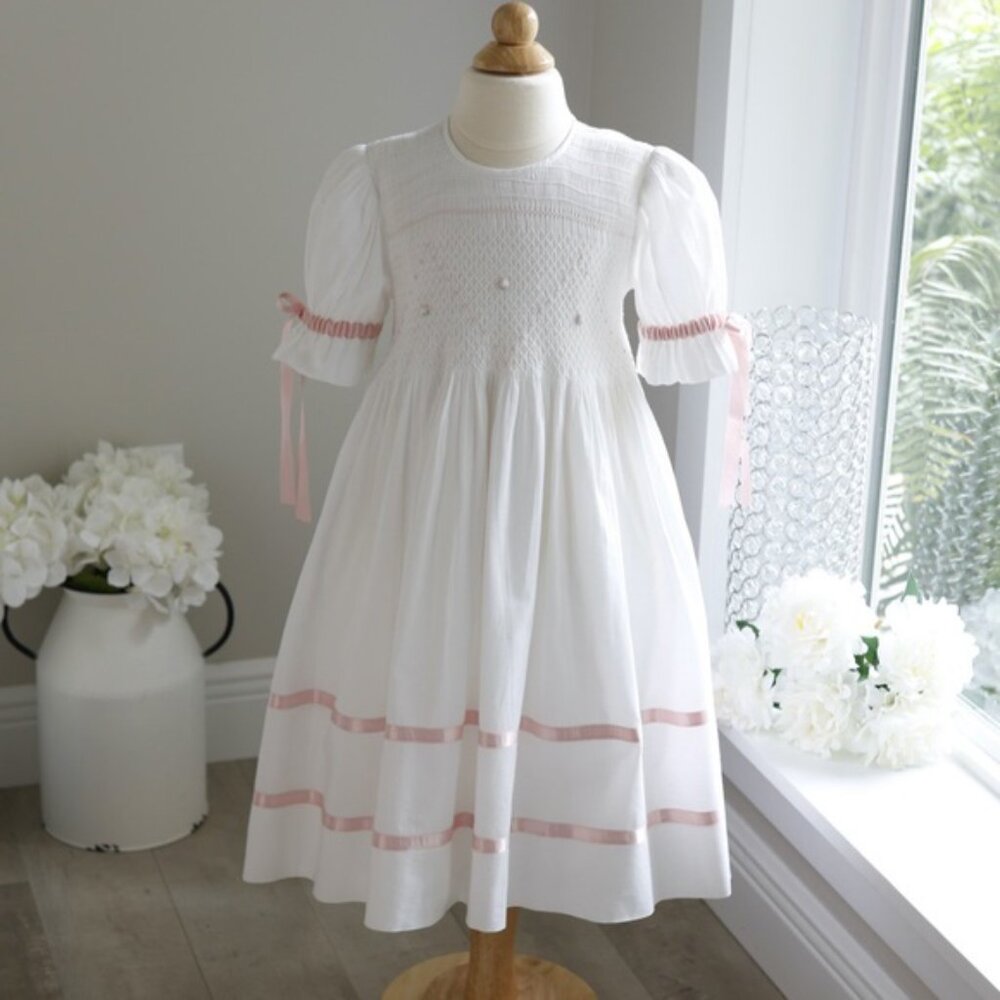Strasburg Dress Heirloom White Smocked Pink Ribbon Size 4/5 Special Occasion NWT